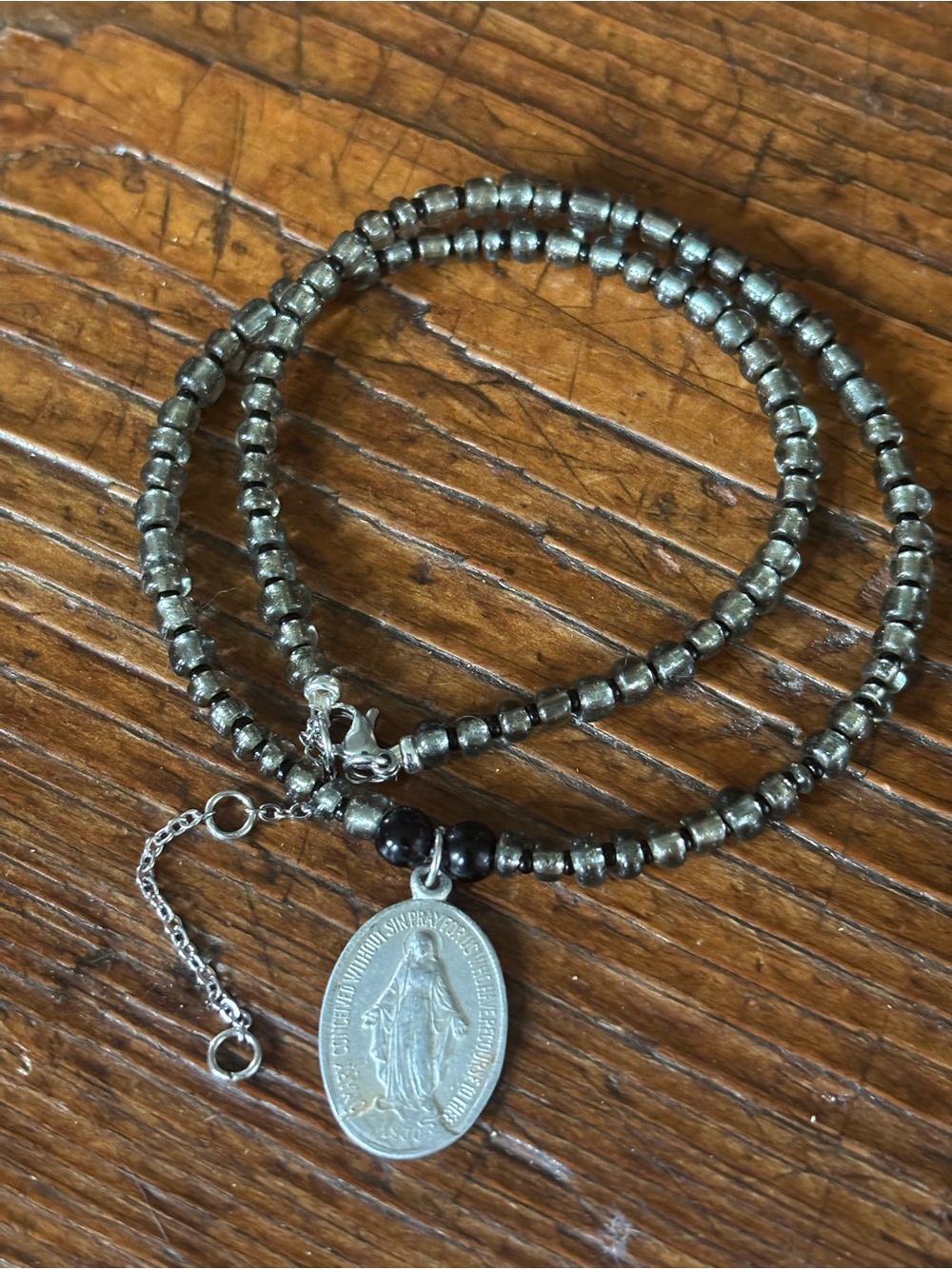 Sterling Silver-Tone Beaded Necklace with Religious Medal